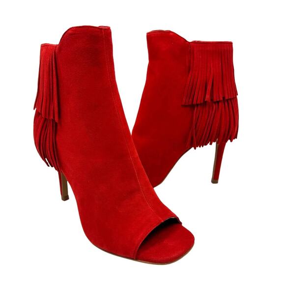 NEW Vince Camuto Amenala Bright Red Faux Suede Western Fringe Peep Toe Bootie - Picture 2 of 14